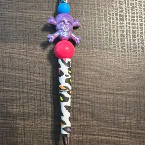 Purple Skull and Cross Bones Beaded Focal Pen with Cow Print Grip and Blue Topper