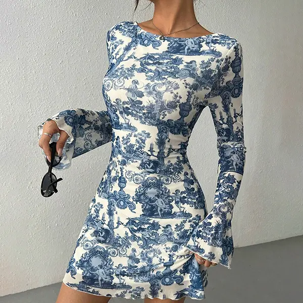 Blue Toile de Jouy print mini dress, boat neck, flared long sleeves, bodycon, vintage Y2K casual party short dress