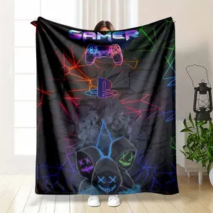 Neon Gamer Style Flannel Fleece Blanket Cool Electric Glowing Controller And Mask Graphic Pattern Ultra Soft Warm Lightweight Cozy Plush Throw Perfect For Bedroom Sofa Couch Living Room Dormitory Birthday Gaming Parties Indoor Relaxing Movie Night Decor