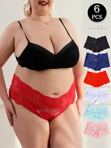 DORSU 6PCS Plus Size Women Floral Lace Panties Comfortable Breathable Sexy Underwear Solid Color Sheer Valentine's Day Gift
