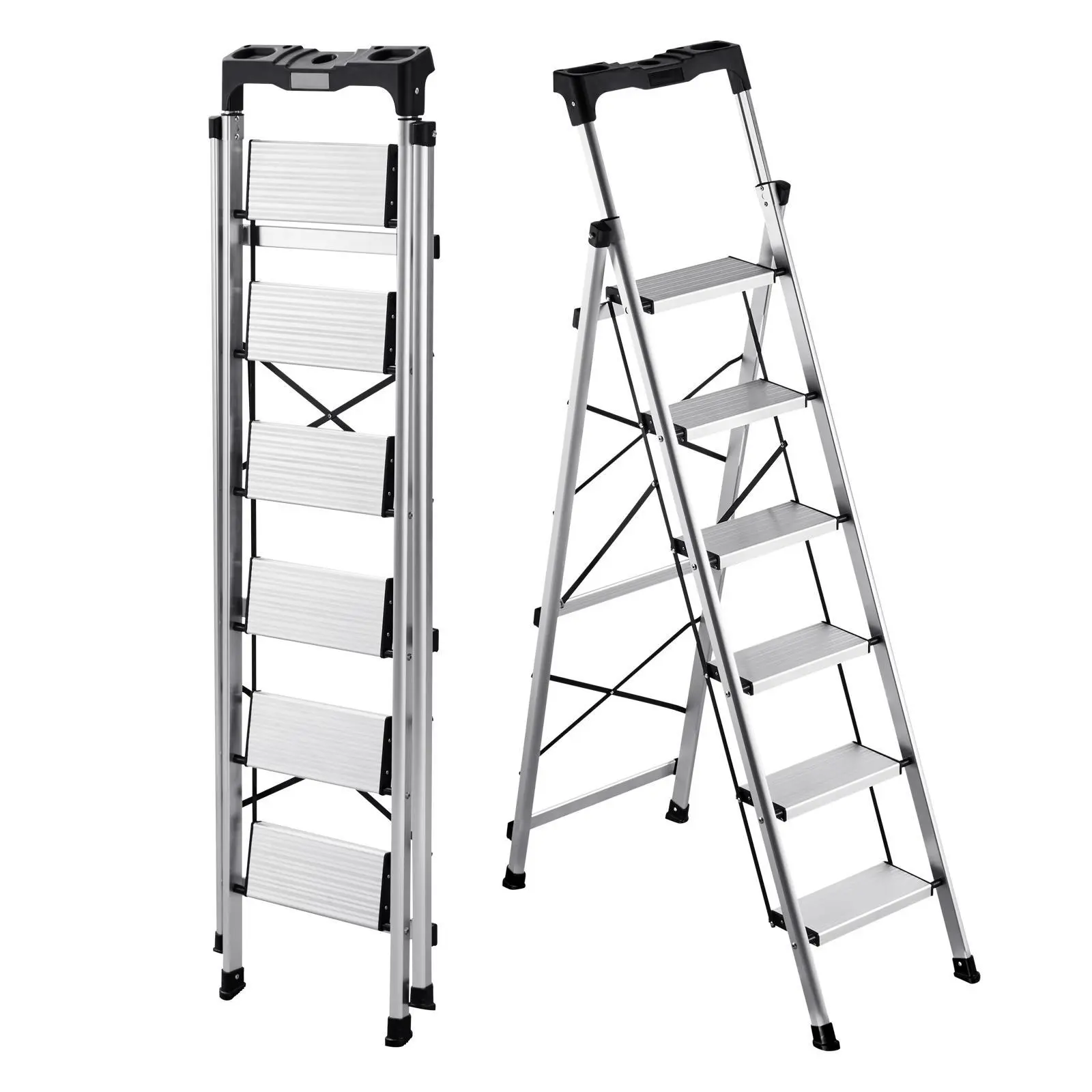 VEVOR 6-Step Foldable Aluminum Ladder, Anti-Slip Wide Pedal, Comfort Handgrip, 330 lbs Capacity, Convenient Storage, Ideal for Painting, Cleaning, Home Improvement, Portable Stepladder, Silver#BackToSchool
