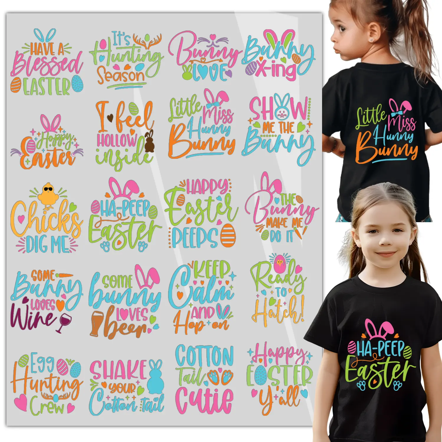 20sheet Easter Bunny ears Iron on Decals for T Shirts Heat Transfer Design, Bunny Iron on Transfers Appliques Crafts with Egg Pattern Iron on Patches for Easter Clothing , DIY Supplies Ready to Press