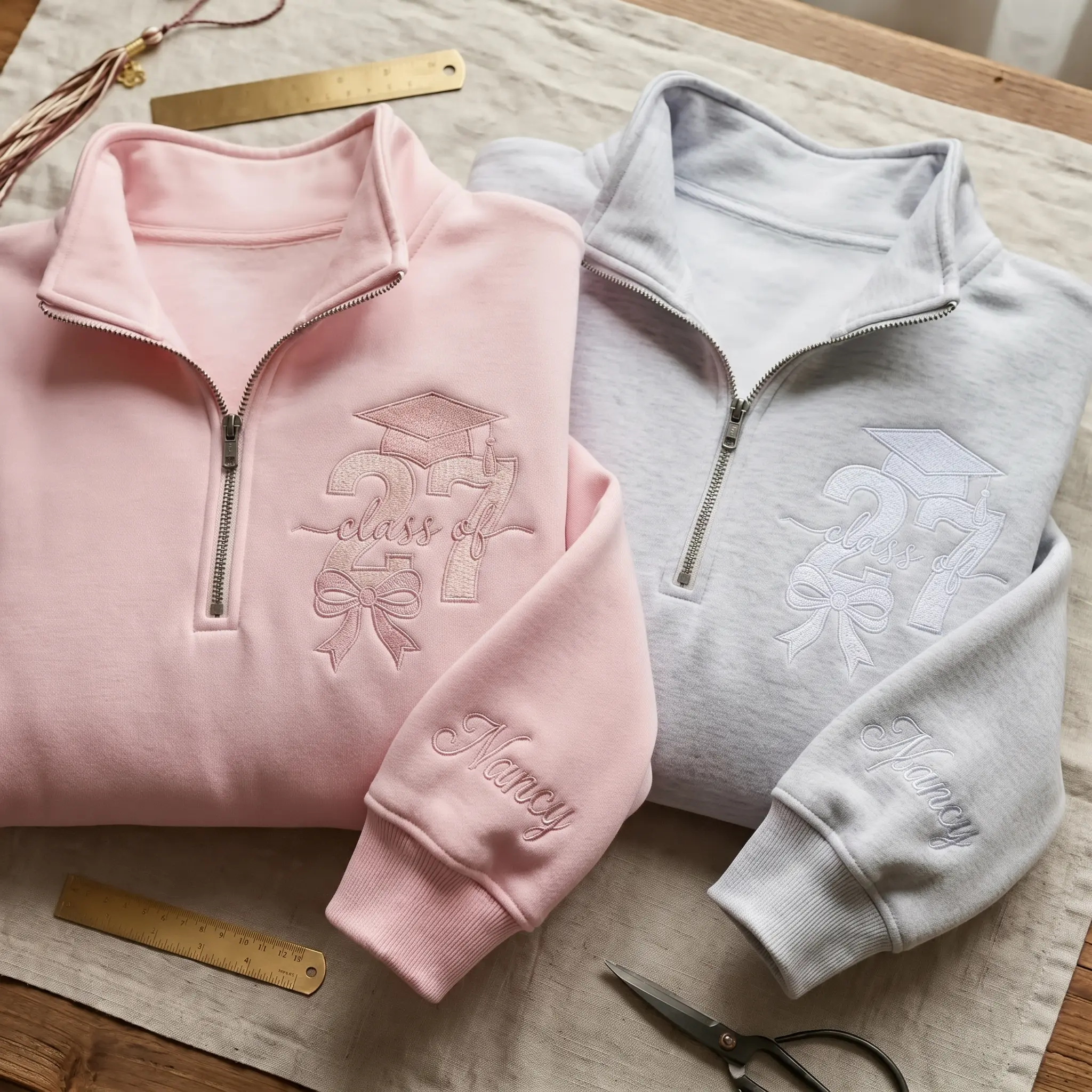 [MADE IN US] Personalized Coquette Senior 2027 Embroidered Quarter Zip Sweatshirt, Custom Bow Graduation Crewneck, Class of 2027 Shirt, Graduation Gifts