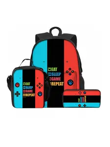 Game console pattern printed 42 cm height three-piece backpack set with front pocket (front pocket backpack + lunch bag + pencil case)