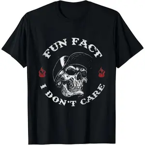 FUN FACT I DON'T CARE Skull Print Black Cotton T-Shirt Soft Crew Neck Shortsleeve Casual Graphic Tee for Men Comfortable Versatile Everyday Wear