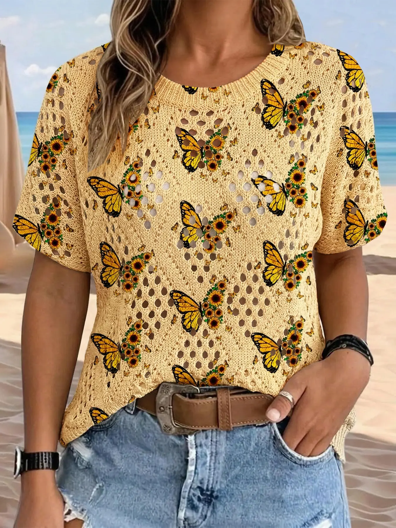 Women's Bohemian Butterfly Sunflower Print Round Neck Short Sleeve Knit Sweater, Casual Breathable Top for Spring Summer Fall Winter