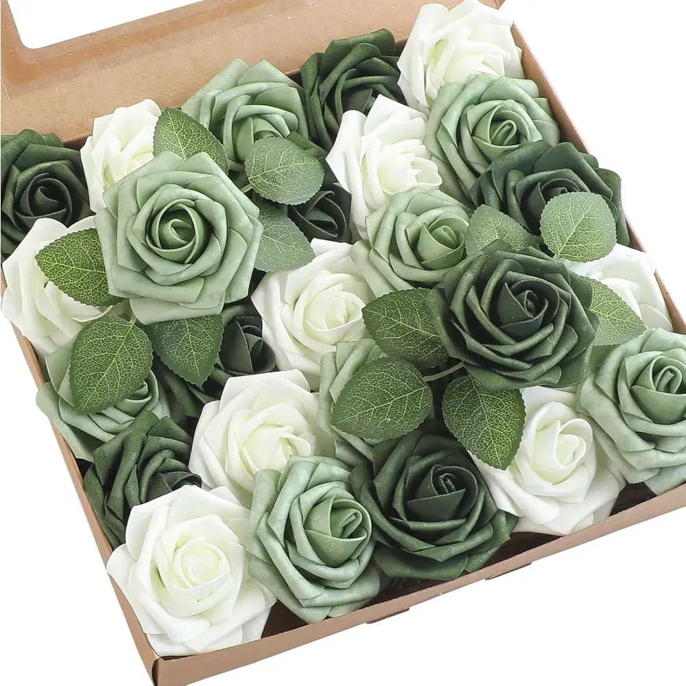 25/50pcs Sage Green & Emerald Green Foam Fake Roses | Plastic Roses with Stems for Wedding Bouquets, Bridal Shower Centerpieces, Floral Arrangements, Party Table Decorations