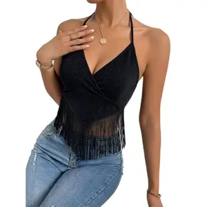 Backless Fringe Hem Halter Top, Women's Fringe Top, V-neck Slimming - Country Music Festival Outfit, Fringe Hem Bohemian Rodeo Vest, Casual sleeveless top with fringe trim, perfect for summer festivals.