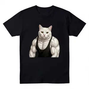 MoodTees Muscle Cat Graphic T-Shirt – Funny Strong Cat Print Tee, Cute Animal Meme Shirt, Casual Short Sleeve Crewneck, 100% Cotton, Soft Breathable Fabric, Comfortable Relaxed Fit, Trendy Streetwear, Perfect for Gym, Everyday Wear, Gifts