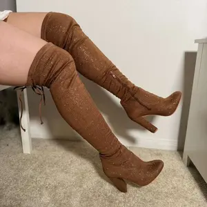 Forever Diamond Sparkle Over-the-Knee High Heel Boots - Black Glitter Lace-Up Design for Women Stylish Footwear