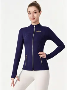 ROROlemon Women's Slim Fit Long Sleeve Define Jacket, Full Zip Athletic Yoga Top with Thumb Holes & Gold Zipper Pockets