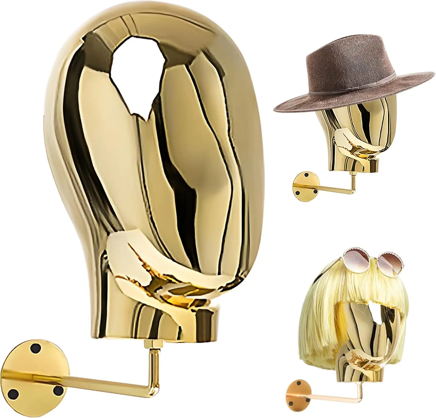 Modern Sculptural Mannequin Head, Solid Metal Wall-Mount Wig & Hat Holder for Boutique or Salon, Space-Saving Design with 360° Swivel Arm, Silver Chrome Finish, 20-Inch Circumference, Fashion Boutiques