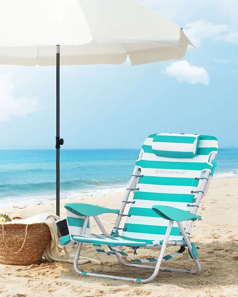 SONGMICS Folding Portable Backpack Beach Chair - Compact Portable Chair, 331 lb Capacity, 4-Angle Adjustable Backrest, 2 Side Pockets, Towel Bar Ready, Beach Chairs