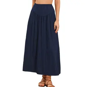 INSPIRE CHIC Women's Summer Flowy Elastic High Waist Casual A-Line Maxi Skirt X-Small Dark Blue
