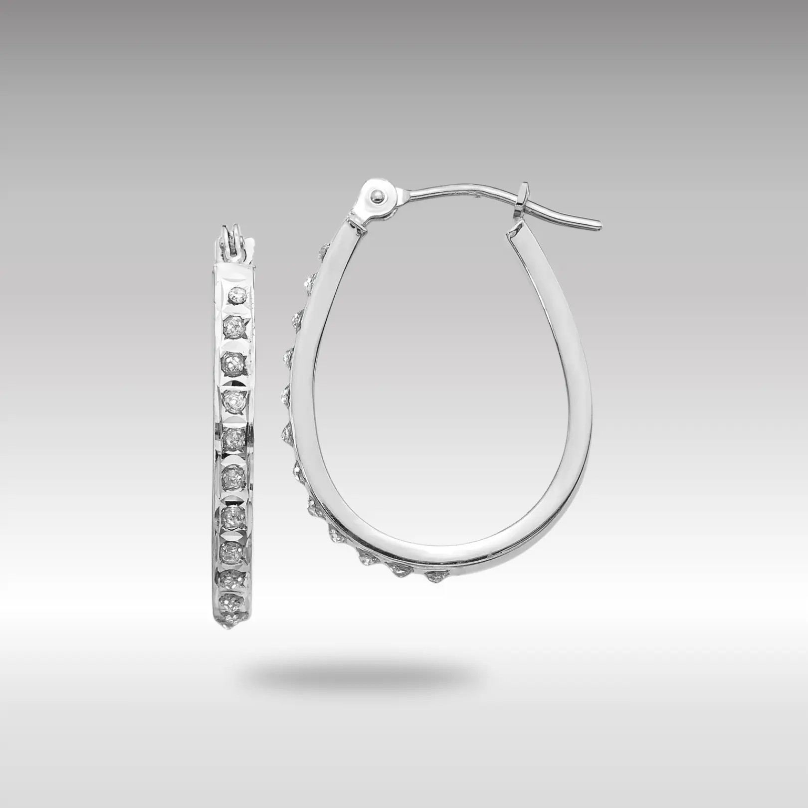 14K Gold White Diamond Fascination Oval Hinged Hoop Earrings - Model DF148