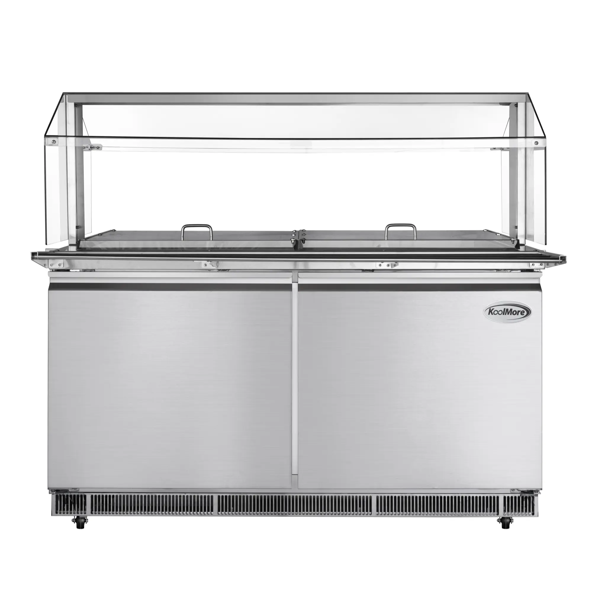 60 in. Commercial Refrigerated Prep Station with Sneeze Guard and Buffet Slide, 12-Pan (Not Included) Capacity with Covers and Two Adjustable Shelves in Stainless-Steel, ETL Listed (KM-RBT-60CSFG)