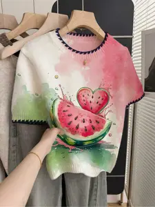 1 piece + French retro loose crew neck elegant short-sleeve contrast trim beige women's knitted top with colorful cute watermelon prints, spring and summer top, summer casual women's wear, white top, casual top, knitted, Knitwear, Casual Fashion Top