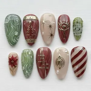 Elegant Christmas Press On Nails, Gold Tree and Poinsettia Nail Art, Sparkling Holiday Nails, Hand-Painted Reusable Festive Nail Set