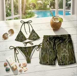 Mossy Oak Bottomland Camo Matching Couple Swimwear Set 2026, Outdoor Tree Bark Pattern Bikini & Men’s Beach Shorts, Hot Summer Beach Outfit