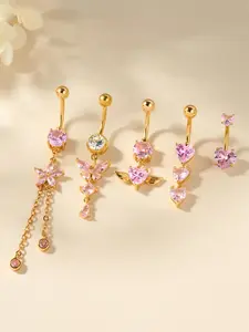 5PCS Belly Button Rings Dangle Butterfly Flower Heart Pink CZ Cubic Zirconia Sparkling Zircon Inlay for Women 14G Navel Piercing Jewelry Set Cute Jewelry Stainless Steel Body Piercing Jewelry for Beach Festival Daily Accessories
