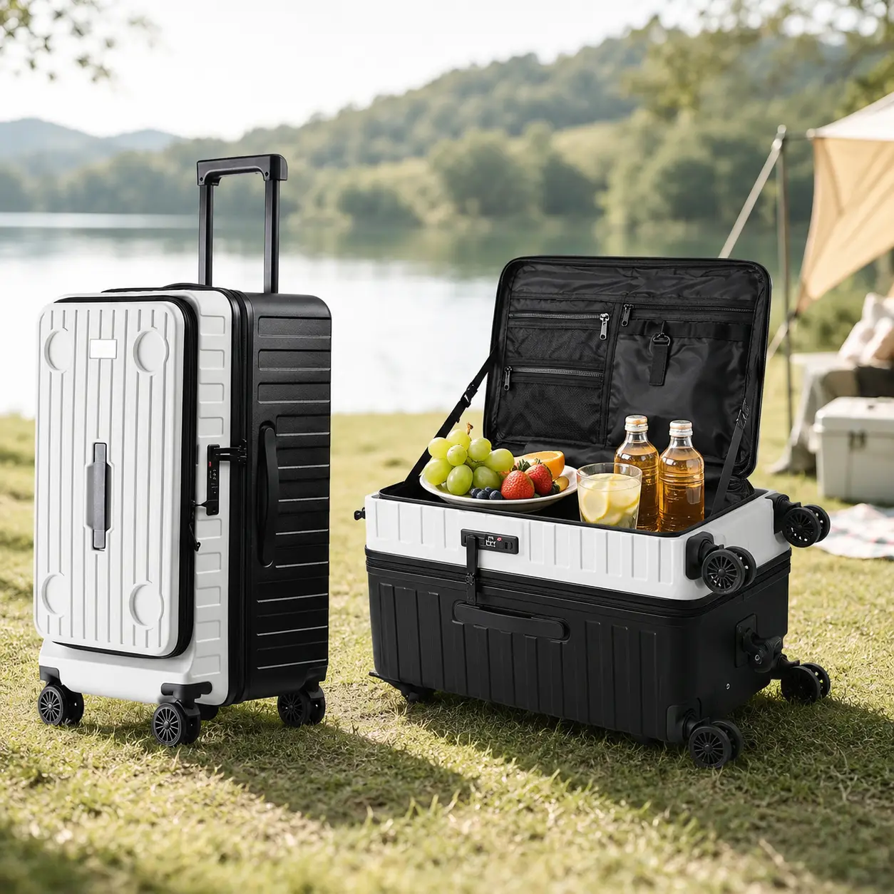 84L Portable Table-Design Luggage, All-Terrain 5-Wheel Spinner Suitcase with Top-Opening Lid, Cup Holder, Side Hook for Campers, Picnic, Road Trips