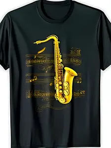 Stylish Black T Shirt with Golden Saxophone Graphic & Musical Notation Design