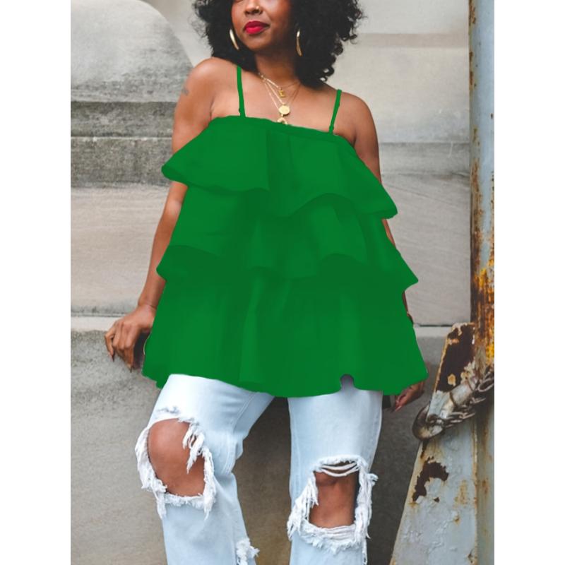 Elegant Plus Size Womens Sleeveless Tiered Ruffle Cami Top - White Layered Peplum Design, Non-Sheer Fabric, Hand Washable, Perfect for Casual or Chic Outfits, Versatile Layering Piece | Voluminous Blouse | Nonstretch Fabric