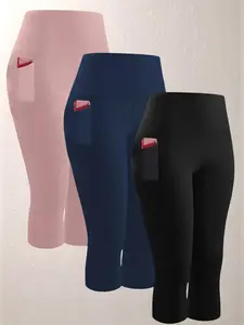 3 Pack Women's 5'' High-Waisted Capri Pants, capri leggings, Super Soft Tummy Control, Pocket Design, Ideal for Workout & Yoga, Summer Activewear