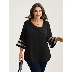 BloomChic Women's Plus Size Polyester Blouse - 2026 Summer Pick, Sheer Sleeves, Patchwork Design, Asymmetrical Neckline, Smooth Fabric, Casual Fit Shirts for Lady (Mother's Day Option),summervibes