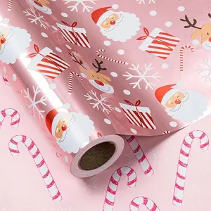 Christmas Pink Wrapping Paper Mini Roll, Santa Claus & Candy Cane, Metallic Foil, Rose Gold Foil Reversible Design for Festive.