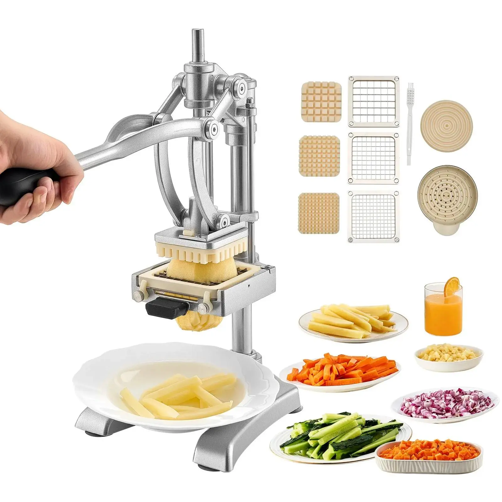 【Summerfinds】VEVOR Commercial French Fry Cutter,  Stainless Steel Vegetable Fruit Chopper with 3 Replacement Blades 1/2-Inch 3/8-Inch 1/4-Inch, and a Juicing Blade, Manual Potato Slicer Dicer for Restaurants & Home