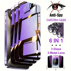 6in1 [3pcs Anti-blue Light Privacy Tempered Glass + 3pcs Purple Metal Lens], Accessories For iPhone 17 Pro Max/16 Pro Max/17/16/15/14/13/12/11/Mini/Plus Smartphone Screen Protector + Camera Len Protective, Full Cover 9H Hardness
