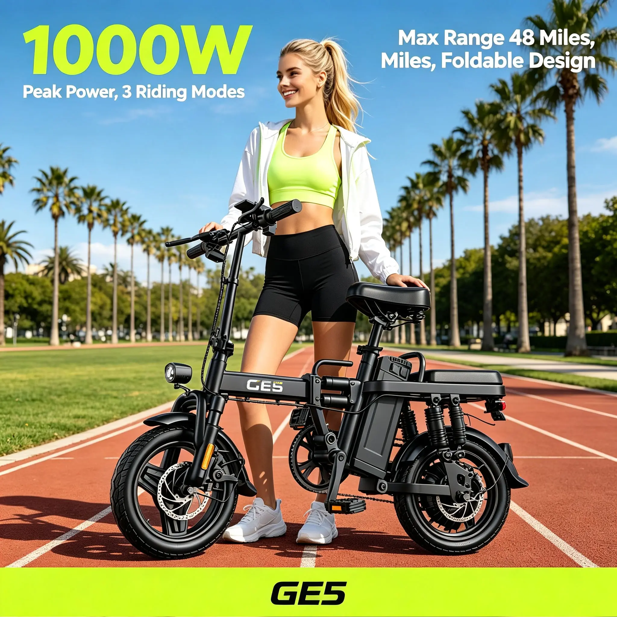 High Performance GE5 14" Foldable Electric Bike - 1000W Motor, 15Ah Removable Battery (48 mi Max Range), High Carbon Steel Body, Dual Disc Brakes, LED Speed Indicator, Remote Start Lock, Commuter & Outdoor E-Bike