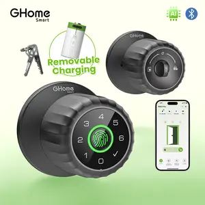 GHome Smart 4-in-1 Keyless Entry Door Knob KD03 PRO with Biometric Fingerprint, Keypad, App and Bluetooth Control, Rechargeable Battery and Removable Charging Design