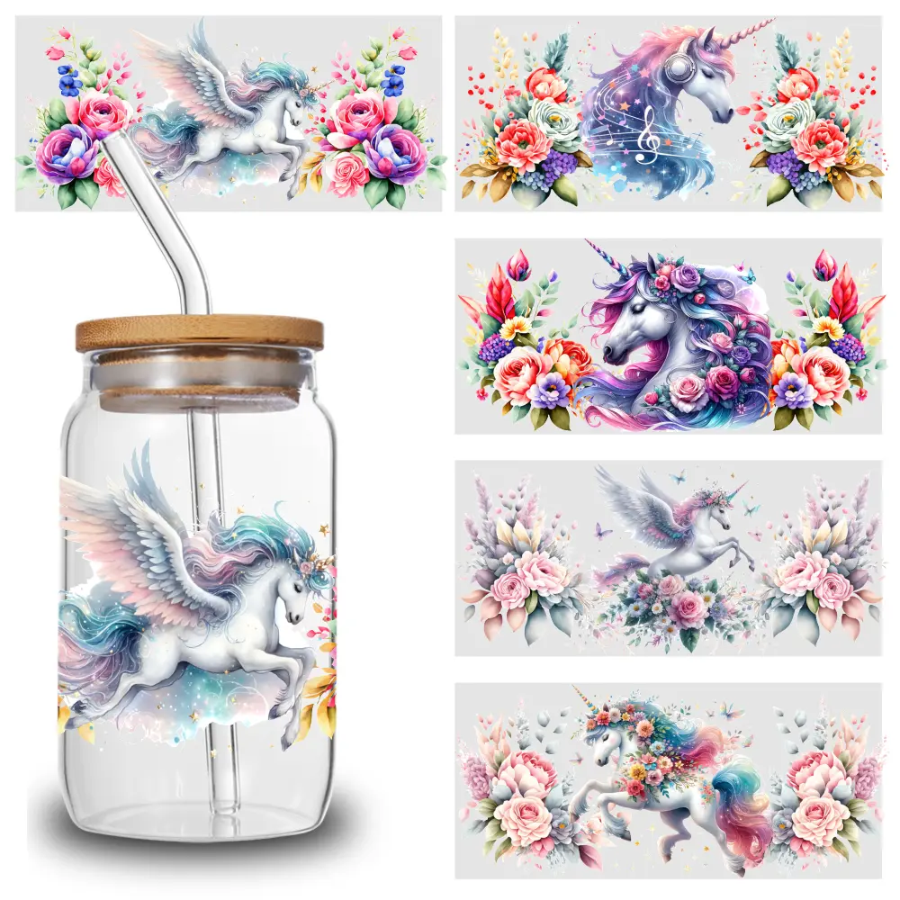 5 Sheets Unicorn Floral UV  Stickers Designs for 16 oz Tumbler funny stickers Art Decoration Items Unicorn film    dtf heat Waterproof Transfer transfer sticker Bear Iron-On Wrap Cup Mug