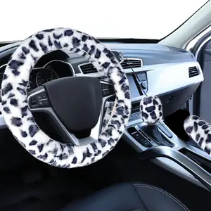Fuzzy  Steering Wheel Cover, Universal Fit  Auto Wheel Cover & Handbrake Cover & Gear Shift Cover Set, Leopard Winter Warm Fluffy  Wheel Protector  Accessories for Men Women