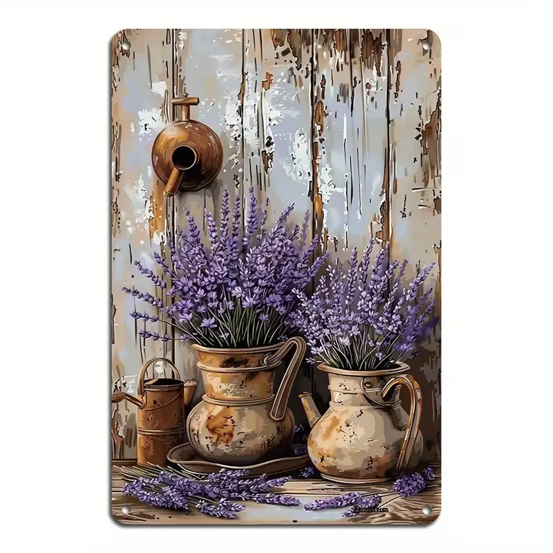 Vintage Lavender Rectangular Iron Rustic Pitcher Print Design Metal Tin Sign - Farmhouse Home Decor, Cottagecore Kitchen Wall Art Plaque, Decoration