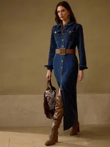 Long Sleeve Button Front Denim Dress for Women, Casual Womenswear, No Belt Included, Western Style Button Up Maxi Shirt Dress, Cargo with Pockets, Slim Fit Lapel Collar Streetwear Robe
