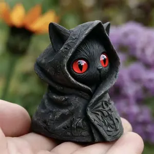 Gothic-Style Mysterious Hooded Black Cat Figurine with Cloak, House Decor Statue for Dark & Supernatural Aesthetics