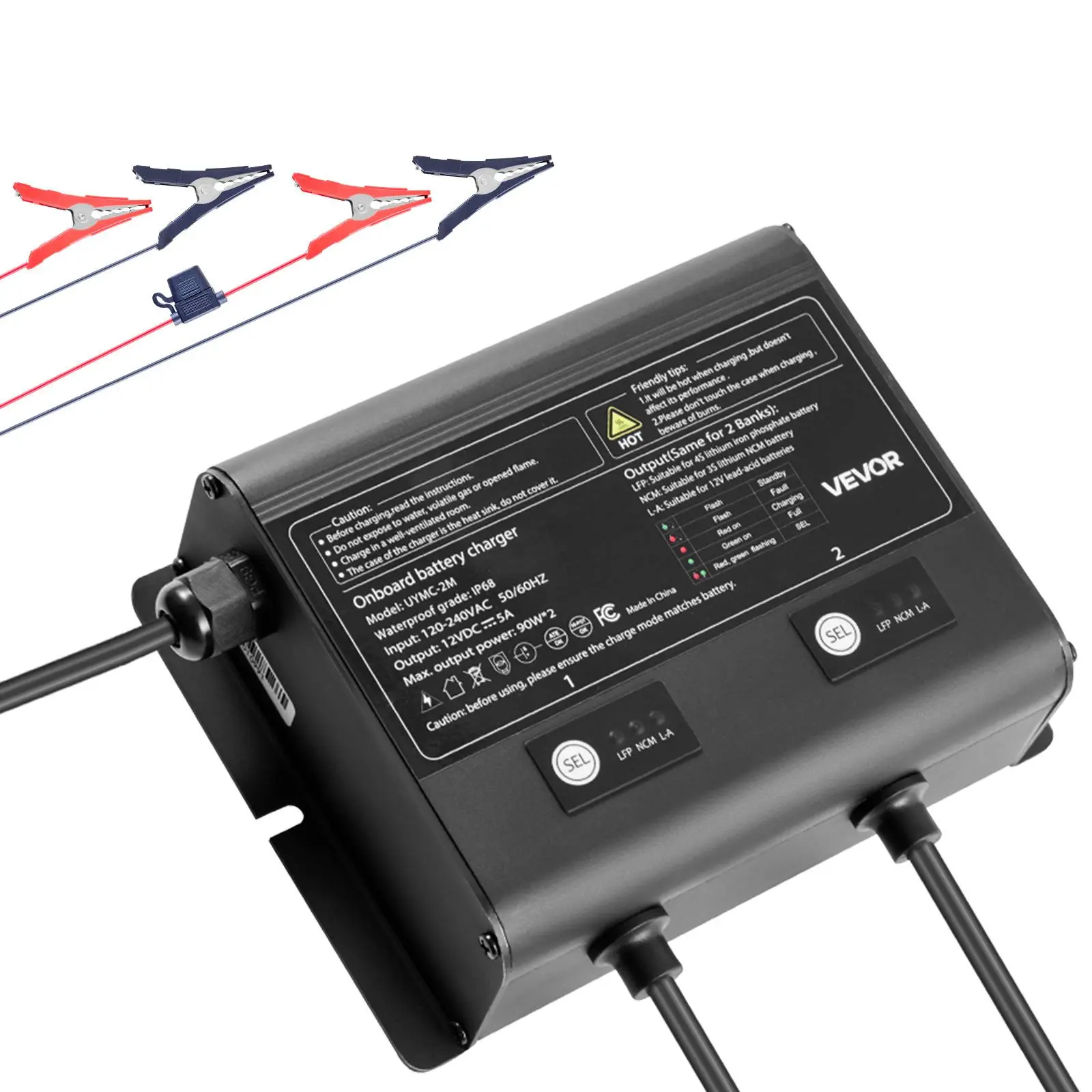 VEVOR 2-Bank 12V/5A 90W Marine Battery Charger, IP68 Waterproof Smart Onboard Plug-in AC Charger with Multi-Mode AC Power Supply, for LiFePO4 NCM Lead-Acid Batteries, Boat RV Vehicle Accessories, Short Circuit Over-Current Reverse Connection Protection, S