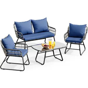 DWVO 4-Piece Patio Furniture Wicker Outdoor Bistro Set, All-Weather Rattan Conversation Loveseat Chairs for Backyard, Balcony and Deck with Soft Cushions and Metal Table (Navy Blue)