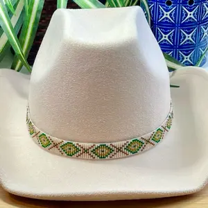 Loomed Seed Bead Hatband: Brown and Green Diamonds with a Matte Ivory Background
