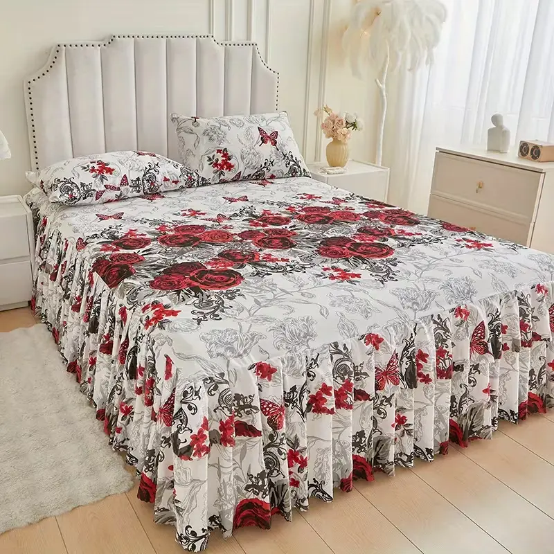 3pcs Premium Rose Floral Pattern Microfiber Decorative Bed Set - Soft Breathable Wrinkle-Resistant Flat Weave Sheets, Ruffled Hem, Elastic Corner Straps, Fits Full/King/Queen Beds, Ideal for Bedroom Decor