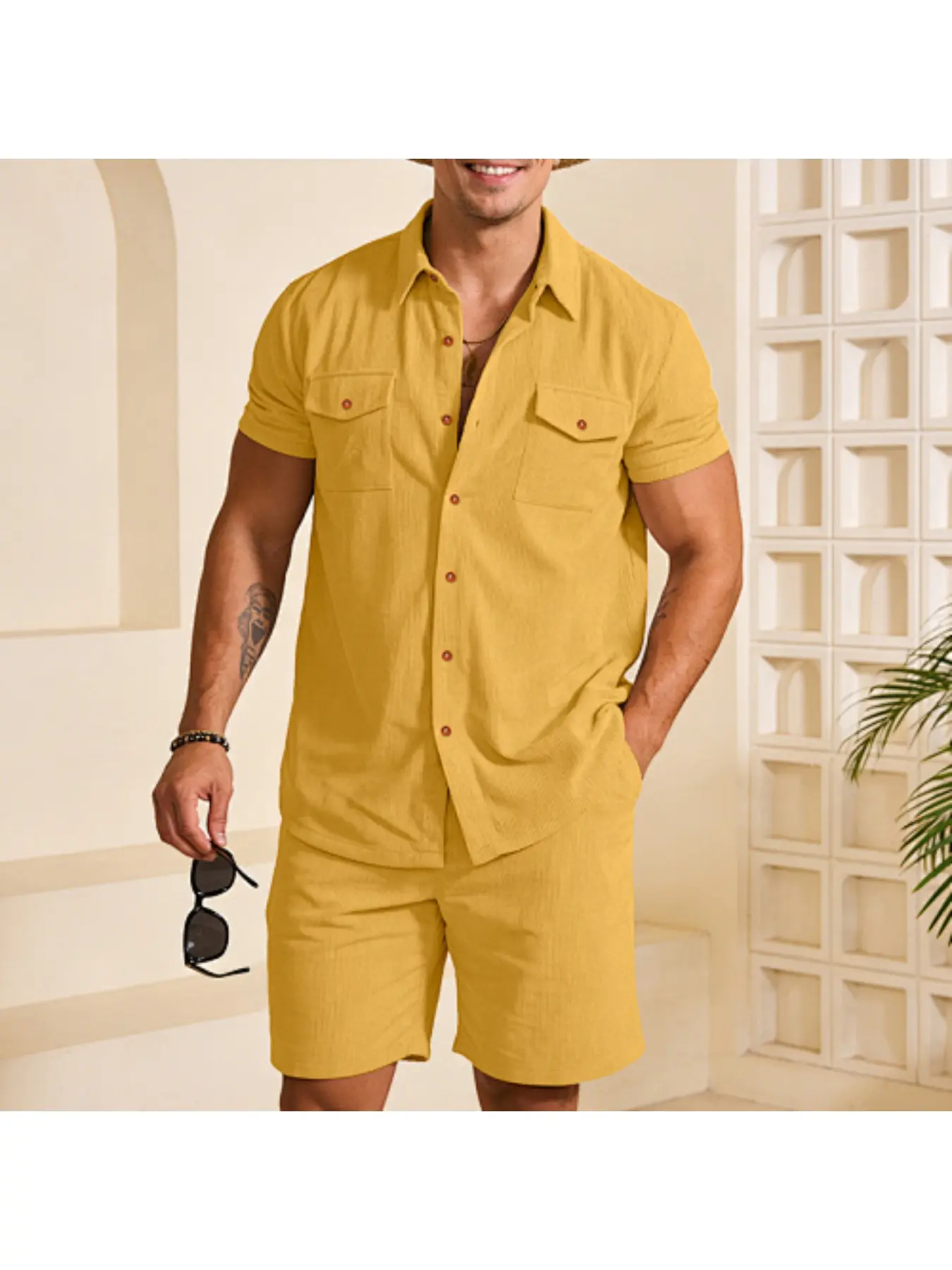 Men's Summer Tropical Casual Outdoor Loose Heavyweight Amekaji Corduroy Workwear Short-Sleeve Shirt and Shorts Set, Clothes