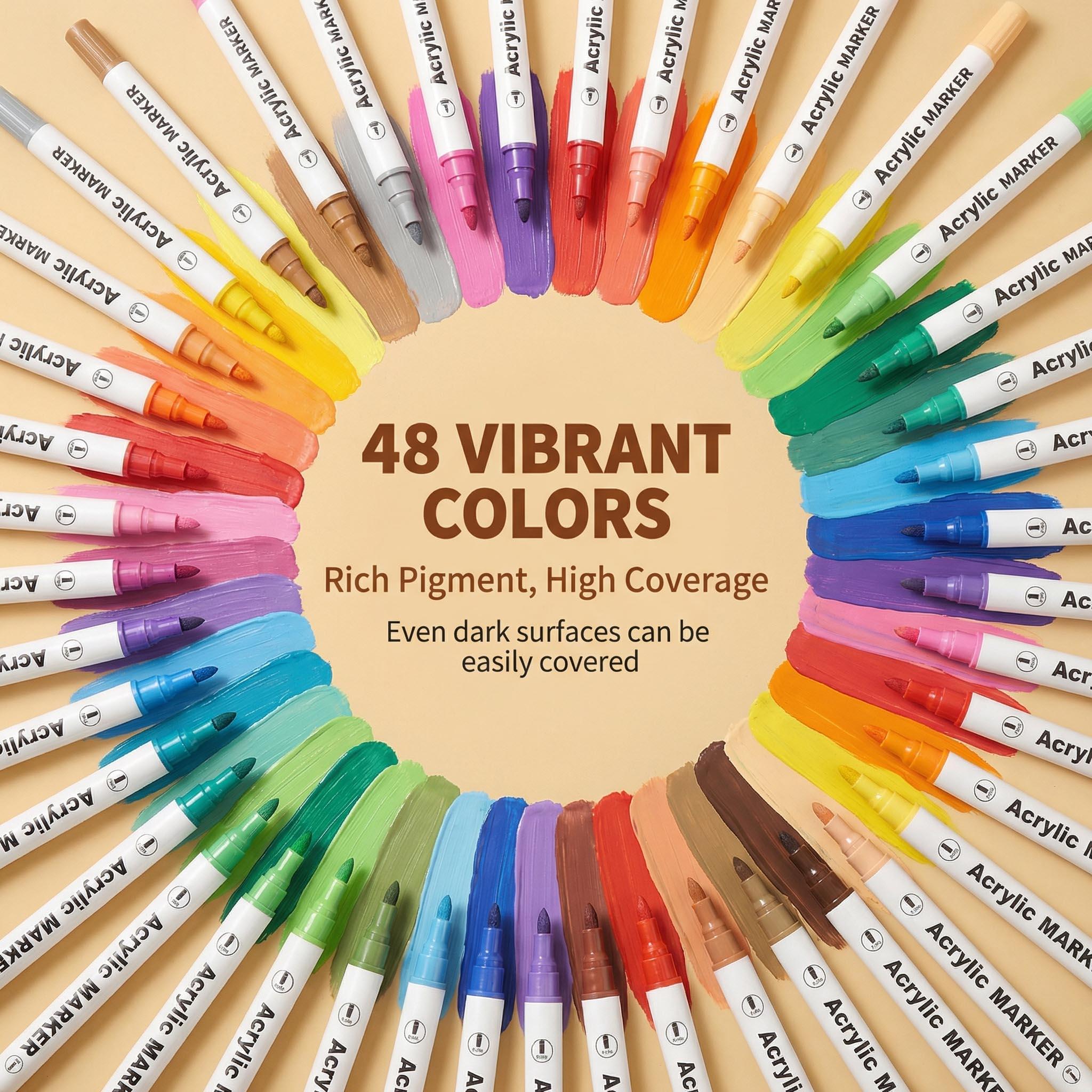 48 Acrylic Paint Markers, Large Capacity Acrylic Markers with Long-Lasting Tip, Professional Art Supplies for Rock Painting, Ceramic, Glass, Wood, Canvas, Fabric, Crafts