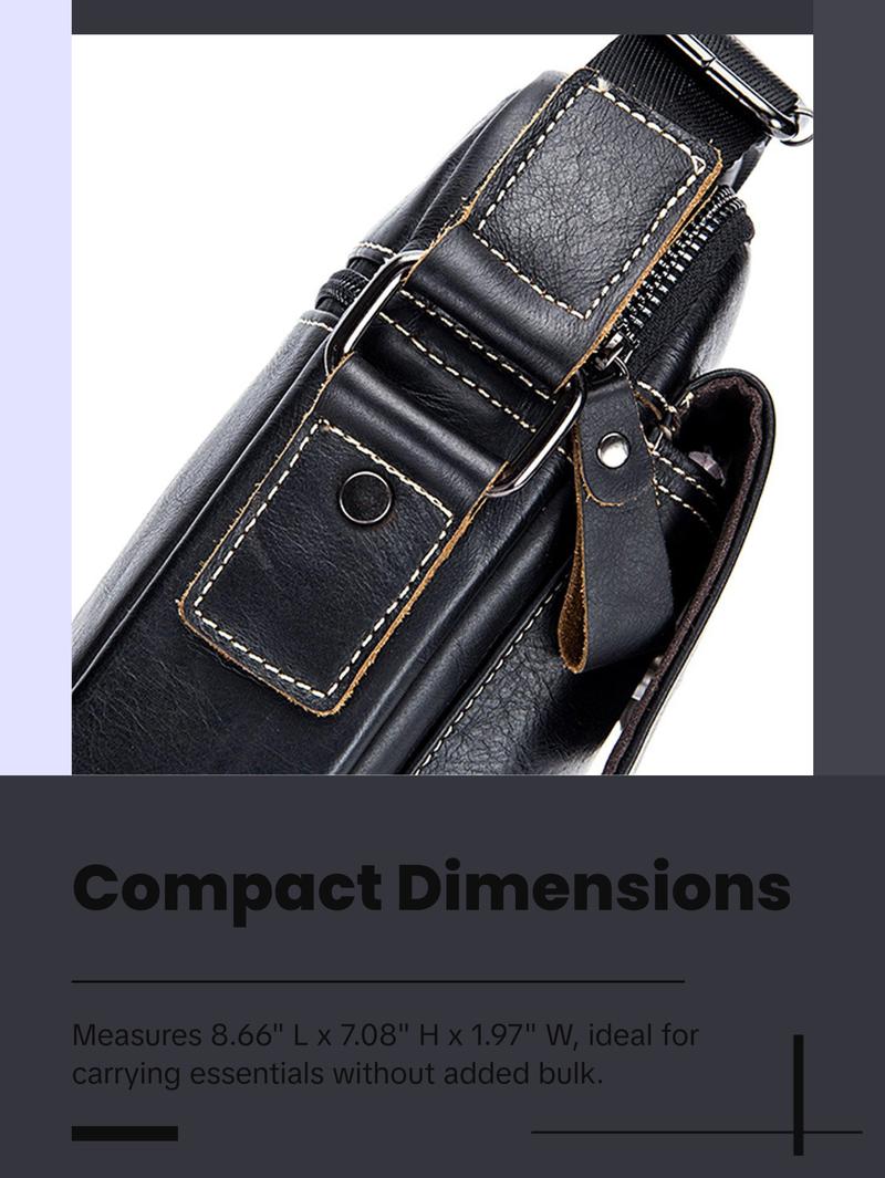 FR Fashion Co. Men's Genuine Leather Crossbody Bag - Classic Black, Adjustable Non-Slip Strap, Lightweight, Zipper Closure, Travel & Everyday Use, 100% Genuine Leather, 8.66" L x 7.08" H x 1.97" W