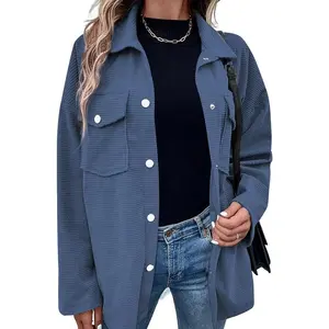 Womens Waffle Knit Long Shacket Jacket Oversized Casual Blouses Button Down Collared Dressy Shirts
