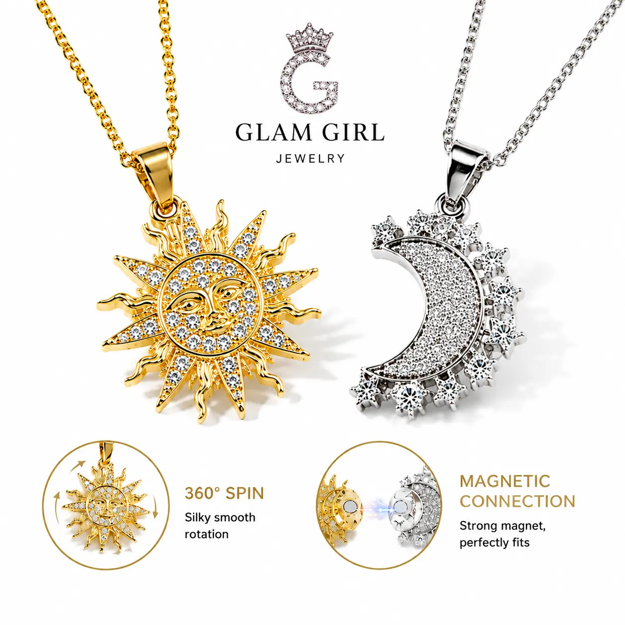 Magnetic Sun Moon Necklace for Women, 360° Rotating Pendant Necklace, Sparkling Zircon Crystal Celestial Jewelry, Gold & Silver Couple Layered Necklace