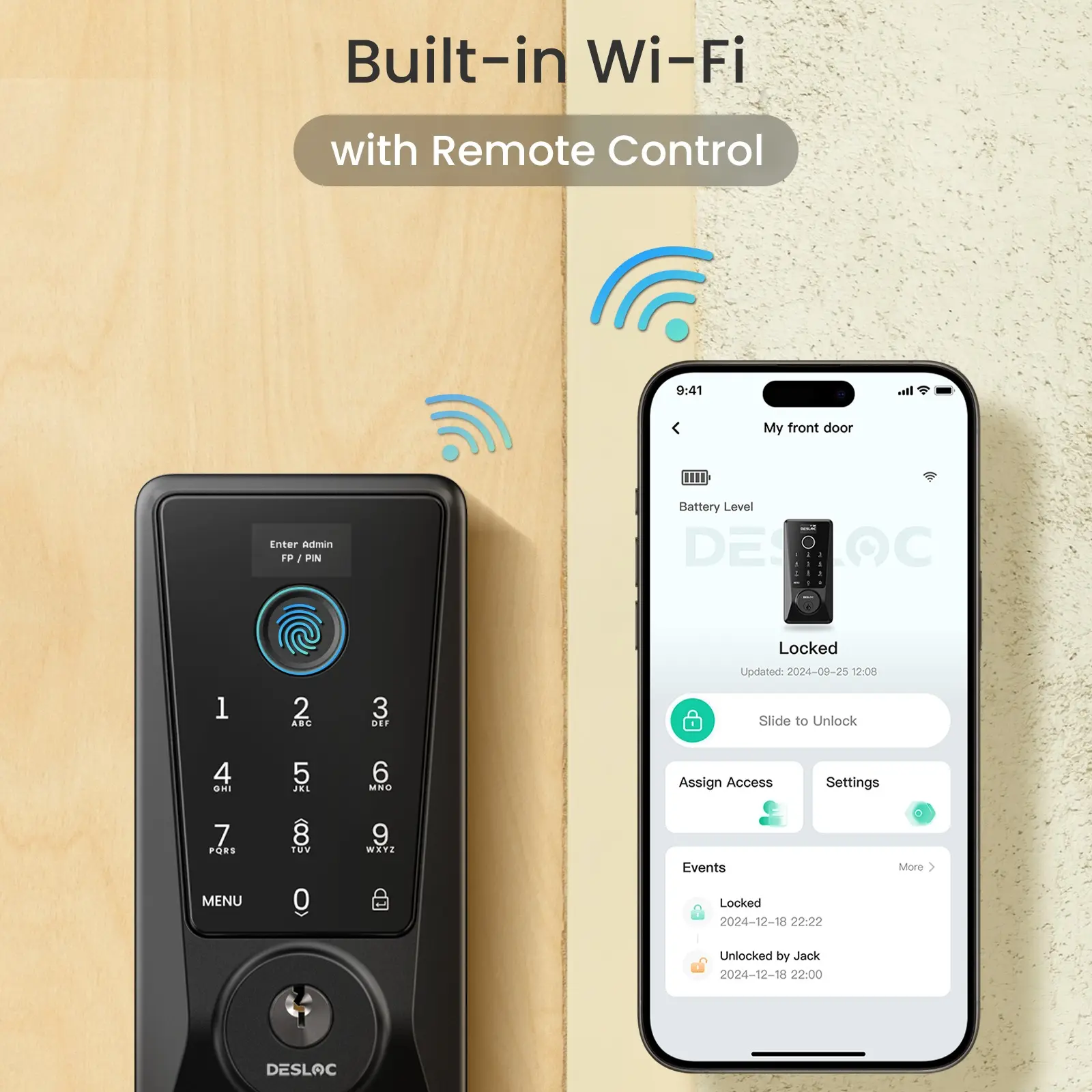 DESLOC Fingerprint Smart Lock with Built-in Wi-Fi, Door Lock, Smart Locks for Front Door, App Remote Control, IP54, BHMA Grade 3, 6 Month Battery