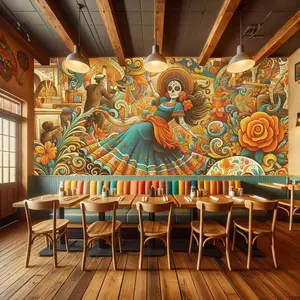 Mexican Folk Art Peel and Stick Wallpaper - La Catrina, Sugar Skulls, Marigolds - Vibrant Mural for Restaurant & Bar Decor